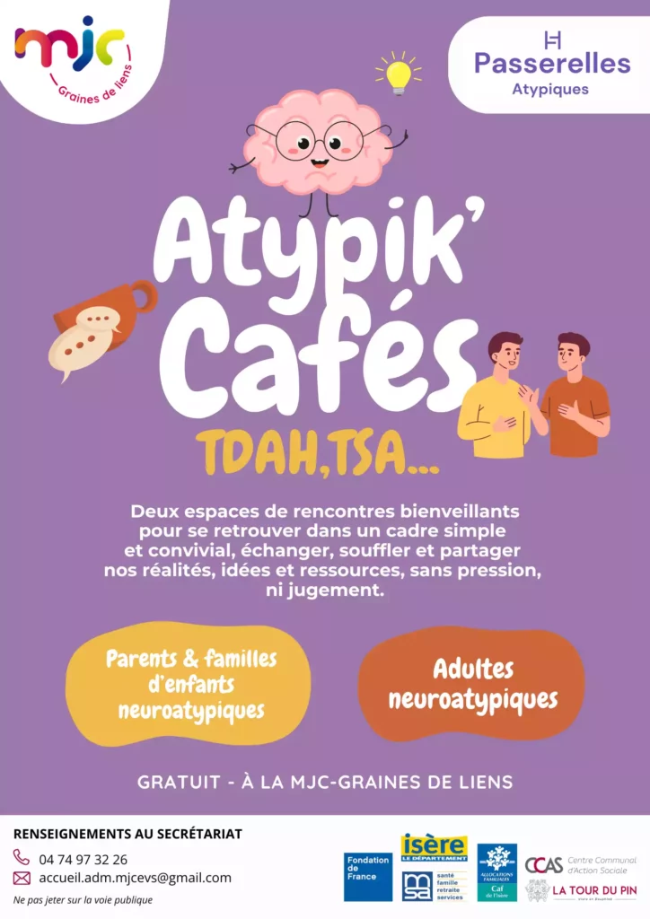 Affiche des Atypik'Cafés by Passerelles Atypiques à la MJC de la Tour du pin (fond violet)
